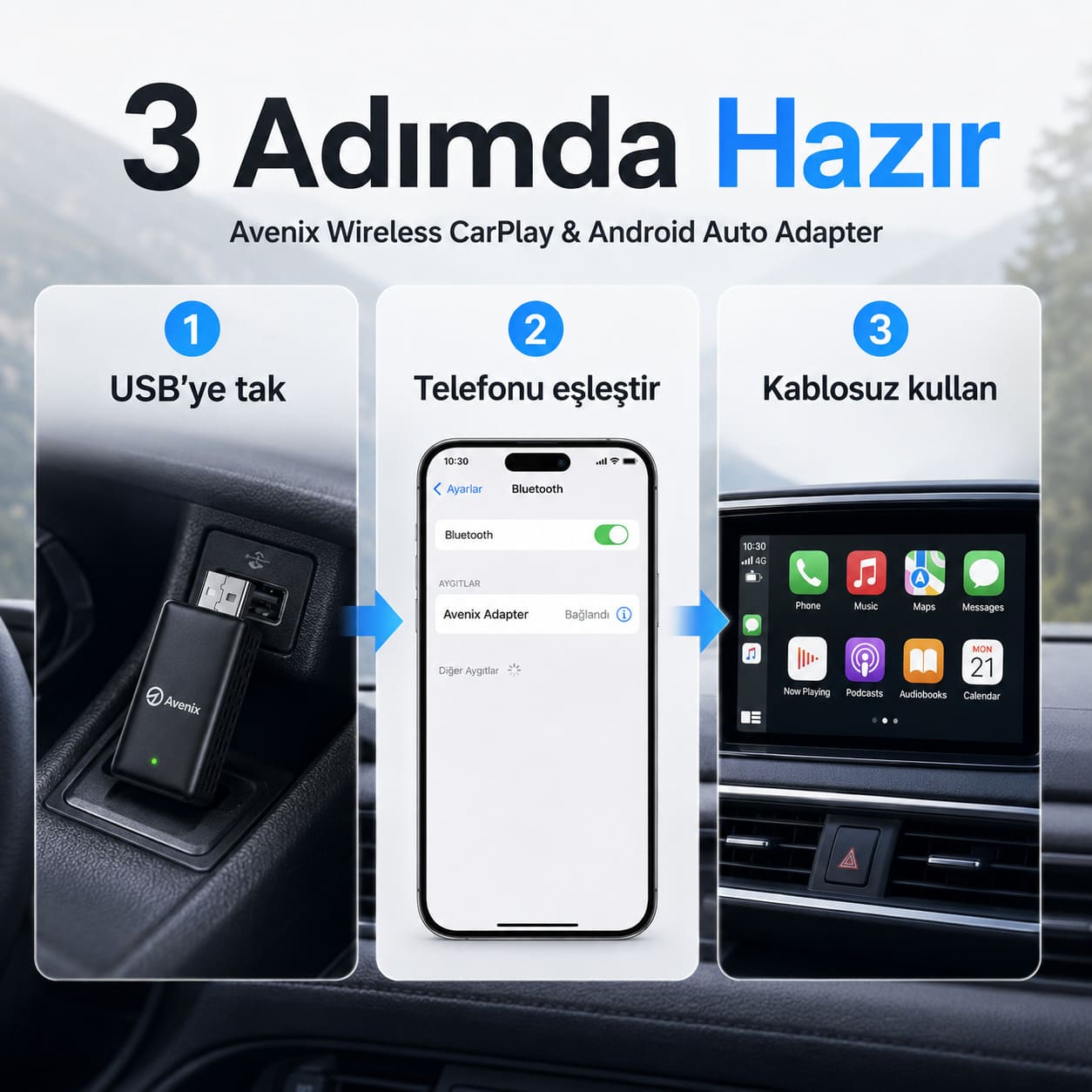 Kablosuz CarPlay & Android Auto Adaptörü